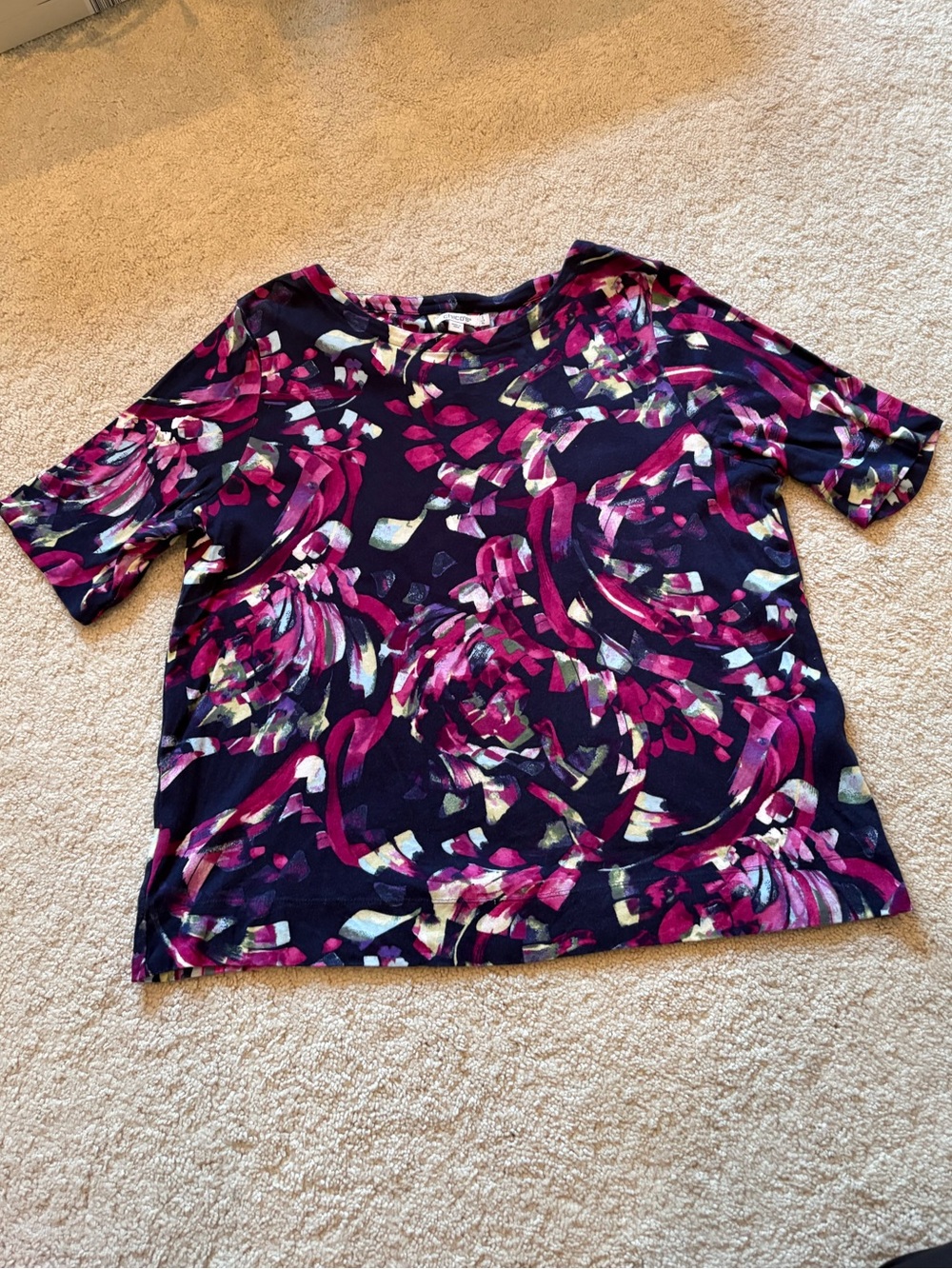Chico's Navy Short Sleeve Top with Magenta Floral Swirl
